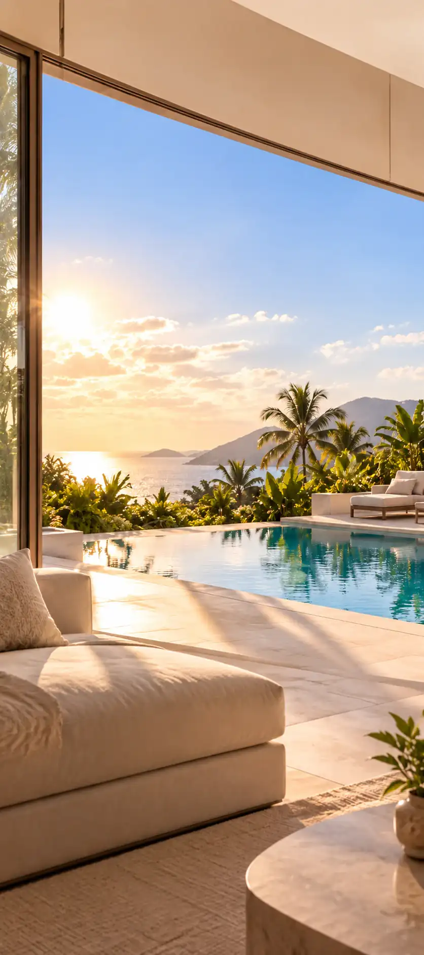 Sunset over a tropical pool and palm-lined coast in Thailand