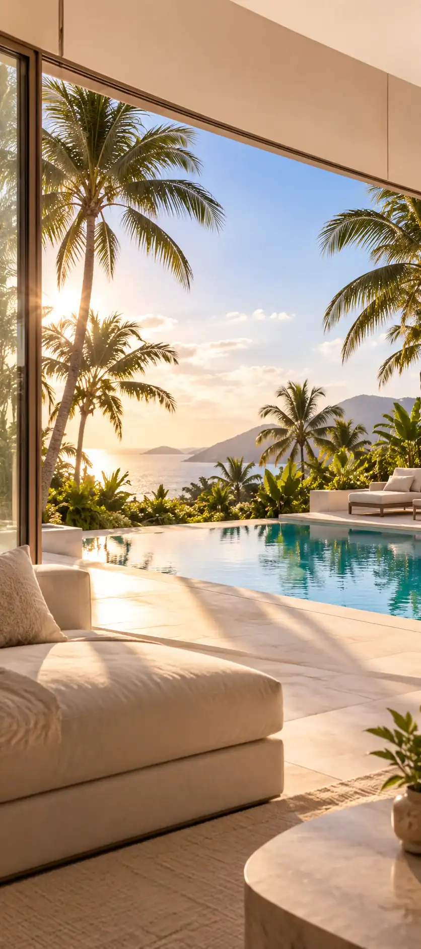 A sunlit terrace overlooking a pool and the sea