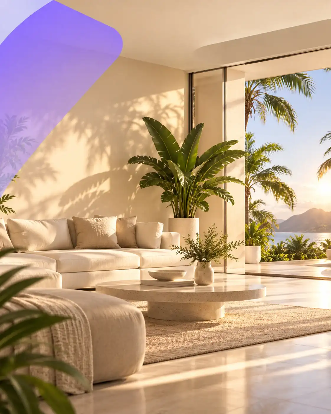 Warm tropical interior with the original lavender ribbon