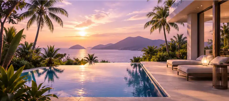 Tropical pool overlooking the sea at sunset, supplied concept photograph